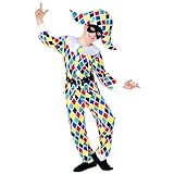 Widmann - Costume da Arlecchino per bambino, giacca, pantaloni, cintura, cappello, clown, giullare,...