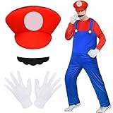 Aomig Costume Mario-bros Adulto, 4Pcs con Cappello, Baffi, Guanti, Unisex, Fancy Dress Outfit per...